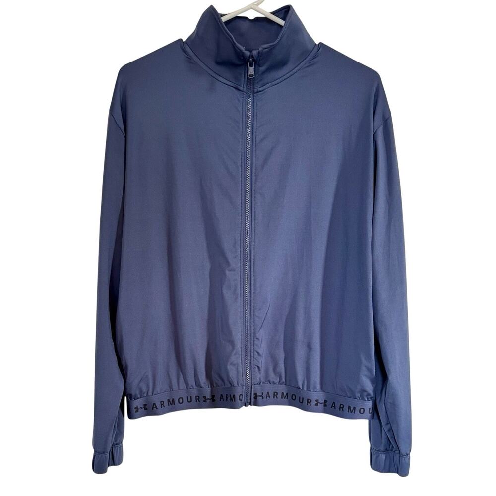 Under Armour Womens M HeatGear Full Zip Track Jacket Navy Logo Hem Loose Fit